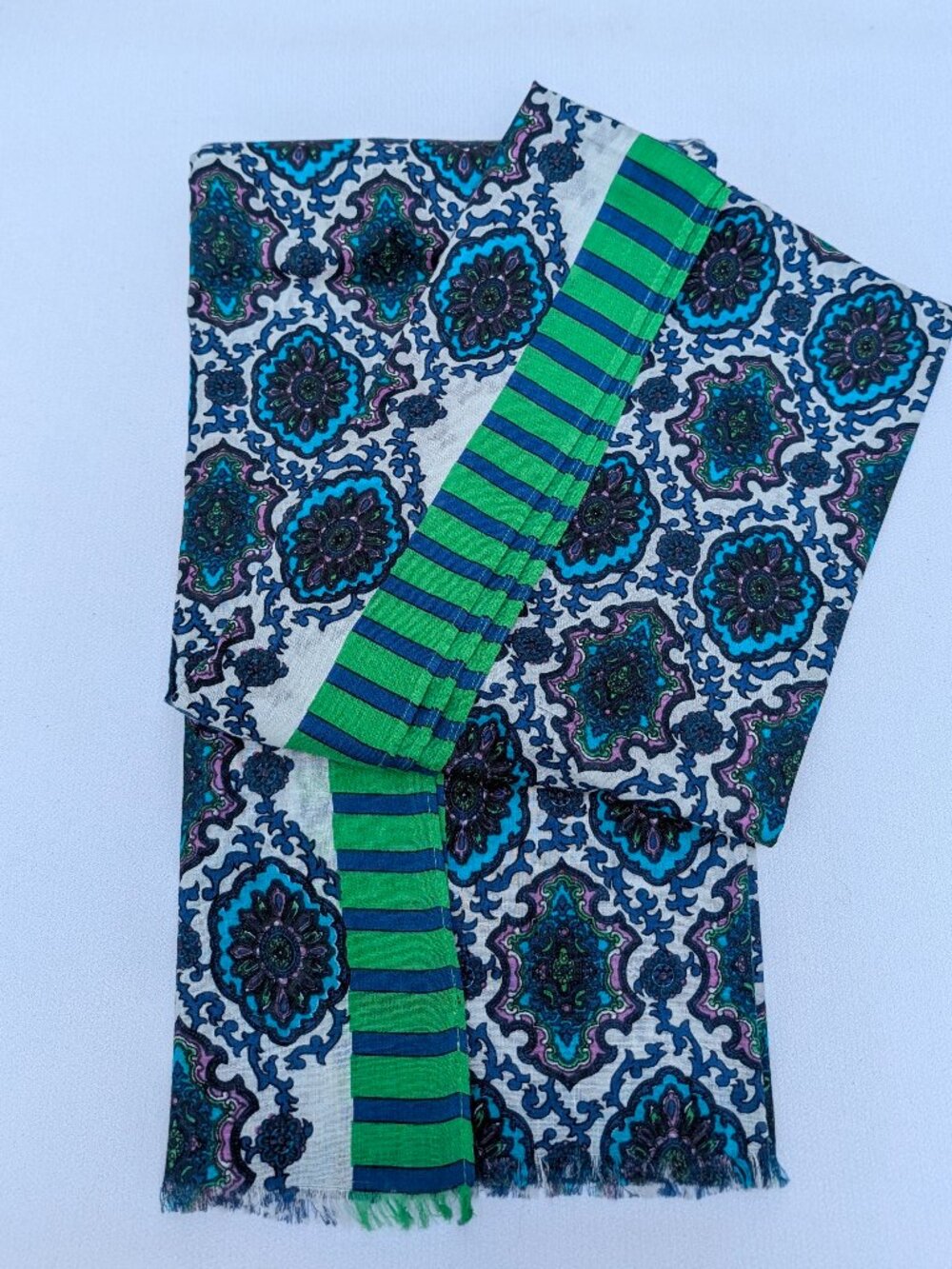 Talbots Scarf or Shawl with Paisley Design with Blue and Green Stripe Border
